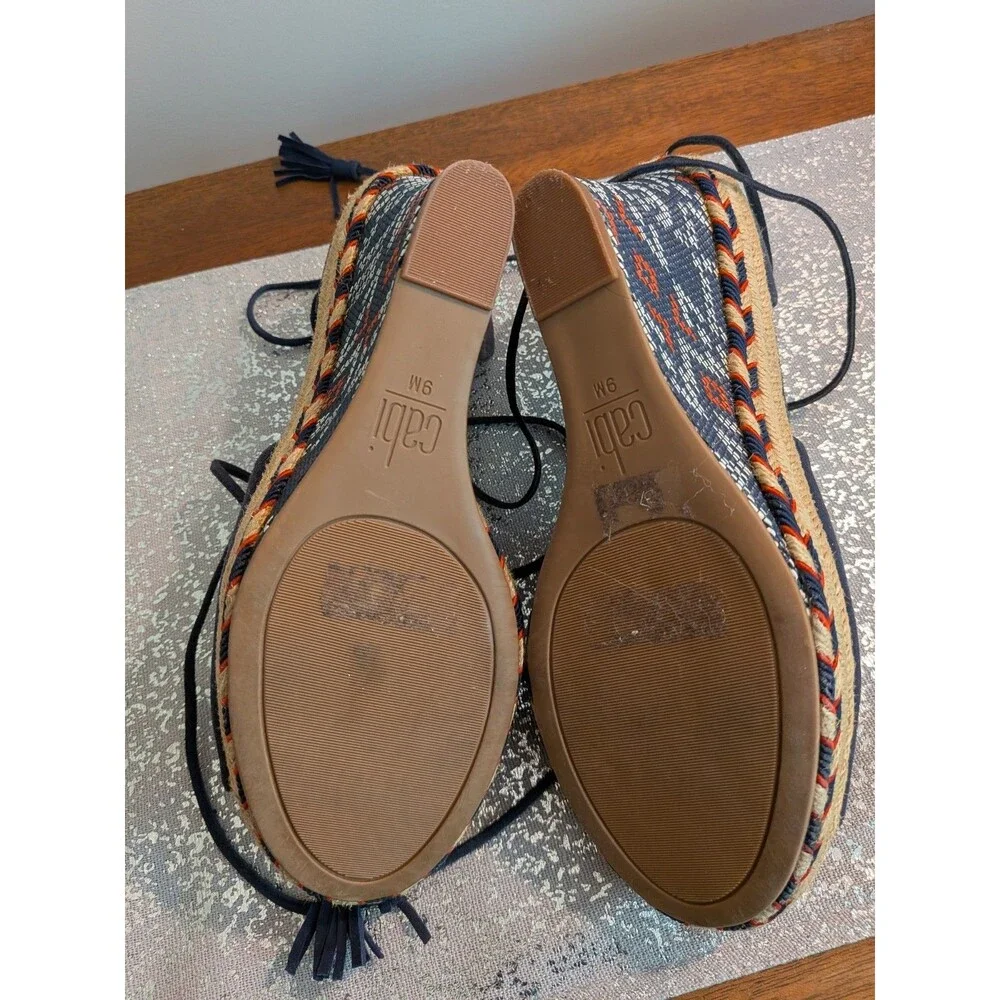 CAbi Isla Espadrille Women 9 Wedge Heel Aztec Blue Suede Beaded Lace Up Sandals